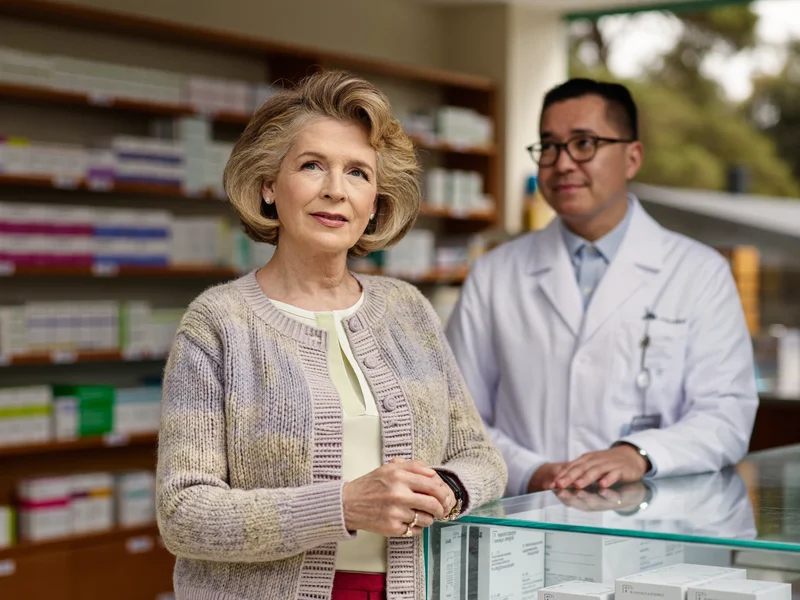 Una signora conversa con il farmacista al banco, scena illustrativa generata