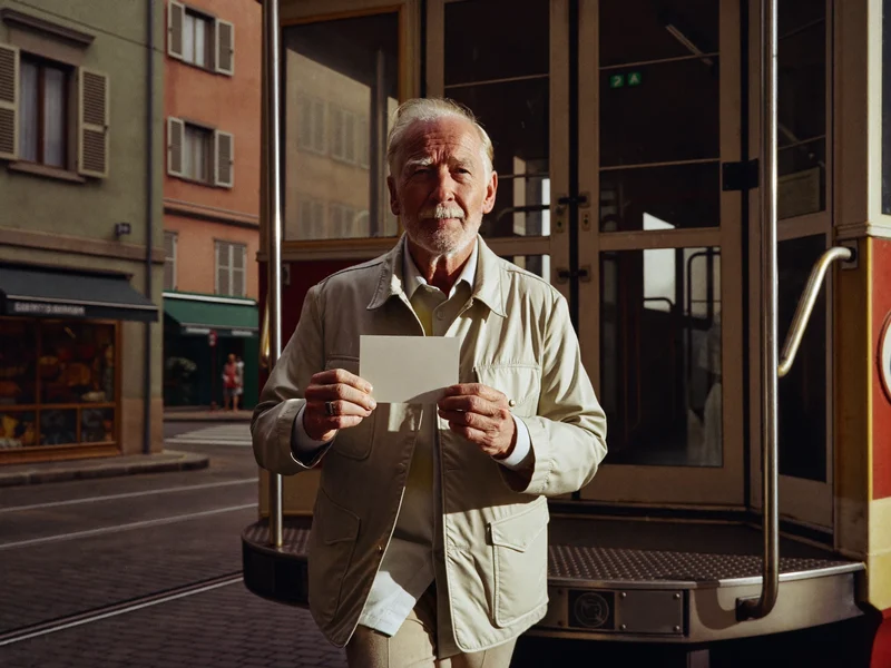 Un uomo anziano sale su un tram in una mattina di luce, illustrazione