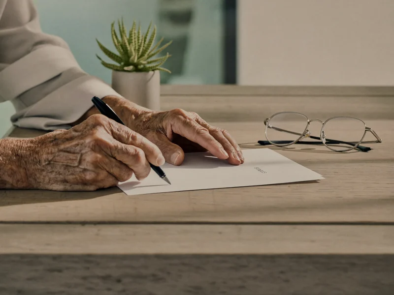 Mani anziane con una penna sopra un modulo vuoto accanto agli occhiali, illustrazione